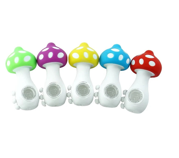 Five mushroom-shaped silicone products in different colors (green, purple, yellow, blue, and red) arranged in a row on a plain white background.