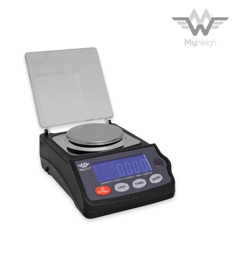 Digital laboratory scale with digital display on a white background, featuring the MyWeigh brand.