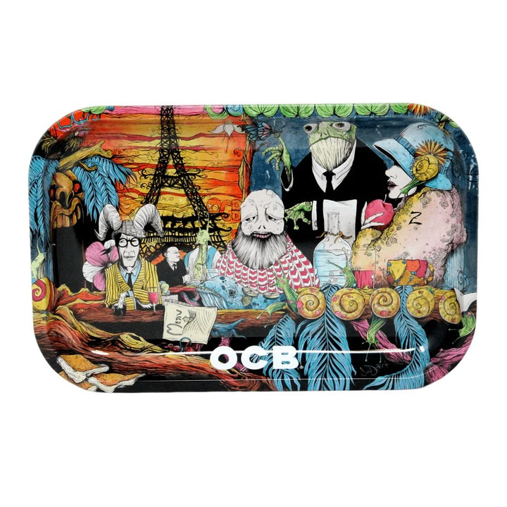 Colorful tray with artistic design featuring various characters and the OCB logo.