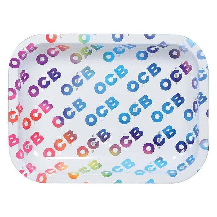 Rectangular tray with colorful 'OCB' logo pattern on a white background