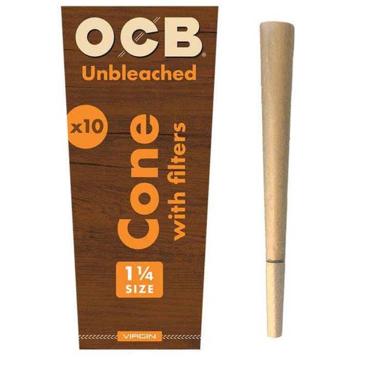 OCB unbleached cone with filters packaging and a single cone on a white background