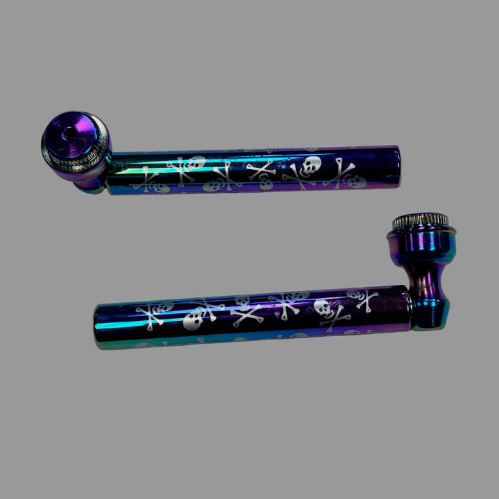 Two purple pipes with skull and crossbones design on lined paper