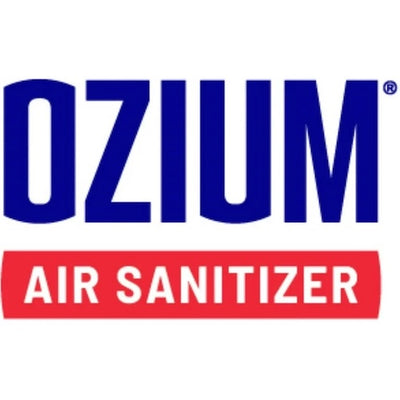 Ozium air sanitizer logo with blue text and a red banner on a white background