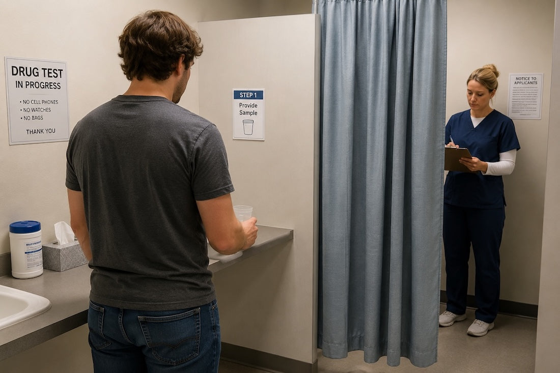 Person at a drug testing station with a nurse behind a curtain