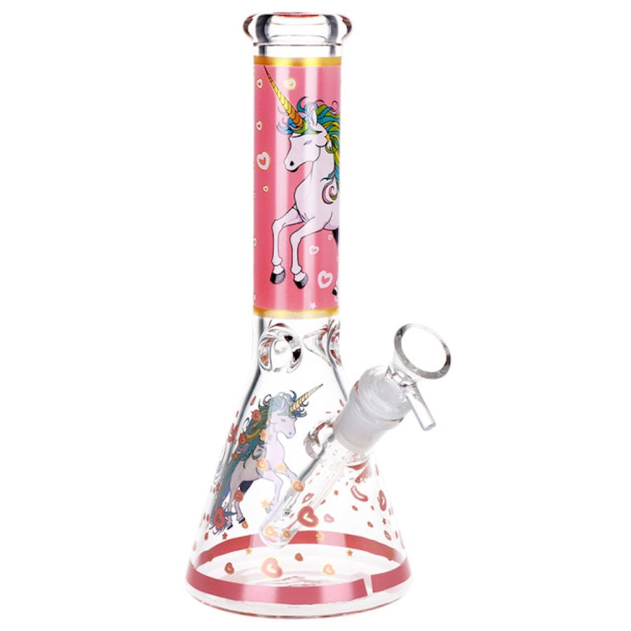 Glass bong with unicorn design on a white background