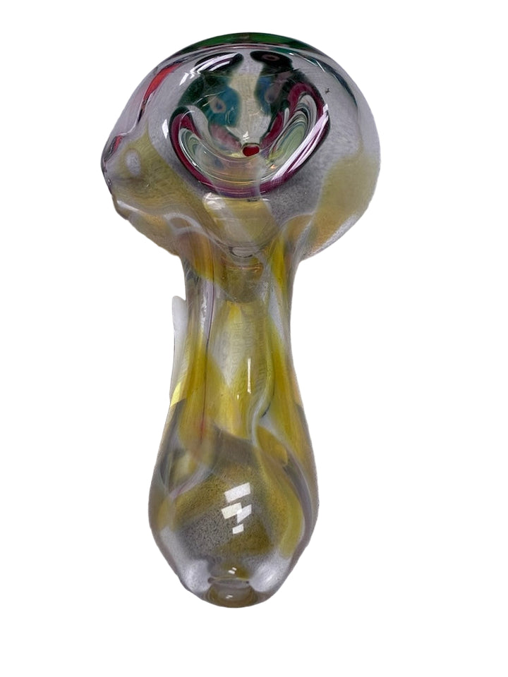 Glass pipe with colourful swirl design on a white background