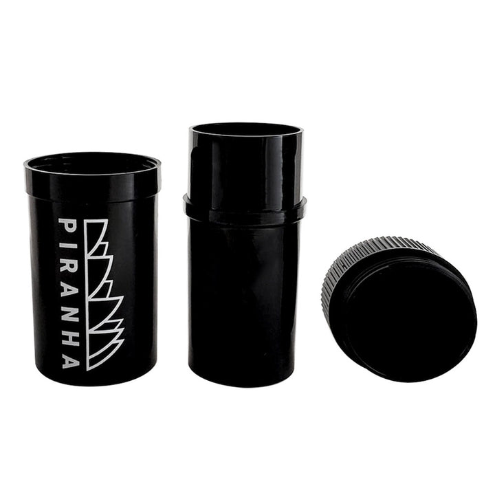 Black cylindrical container with lid and 'Piranha' branding on a white background