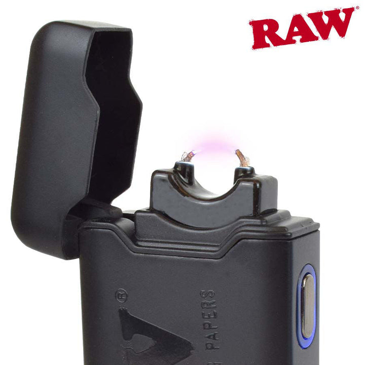 Black lighter with open top on a white background, featuring the RAW brand logo.