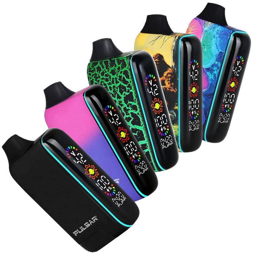Five Rulsar disposable vape devices arranged diagonally on a white background, showcasing different color designs including black, pink-to-purple gradient, green crackle pattern, yellow-to-blue gradient, and a blue-to-purple floral pattern.