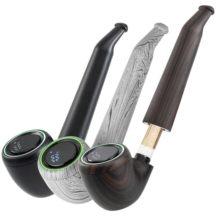Three smoking pipes with digital displays on a white background