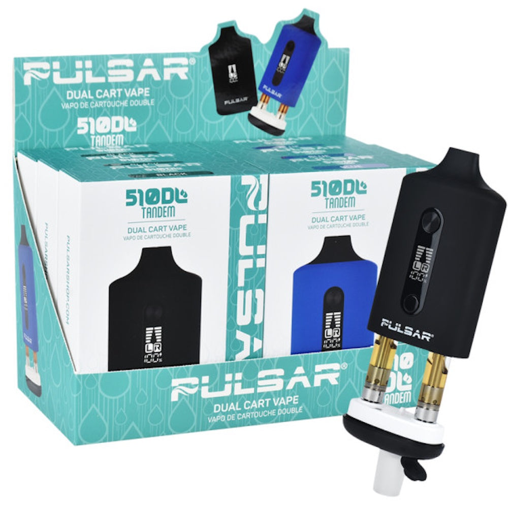Pulsar dual cart vape packaging with vape device on a white background