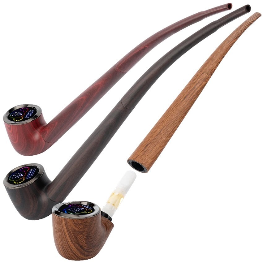 Three wooden pipes of different colors on a white background