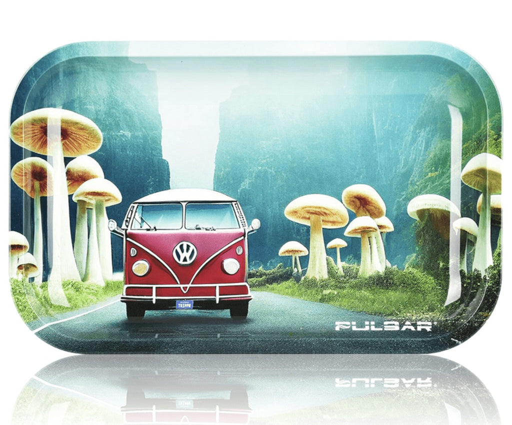 Red Volkswagen van on a road with mushrooms and a blue sky, featuring the brand 'Pulsar'.