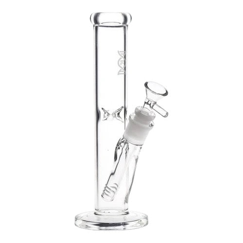 Clear glass water pipe with a white base on a white background