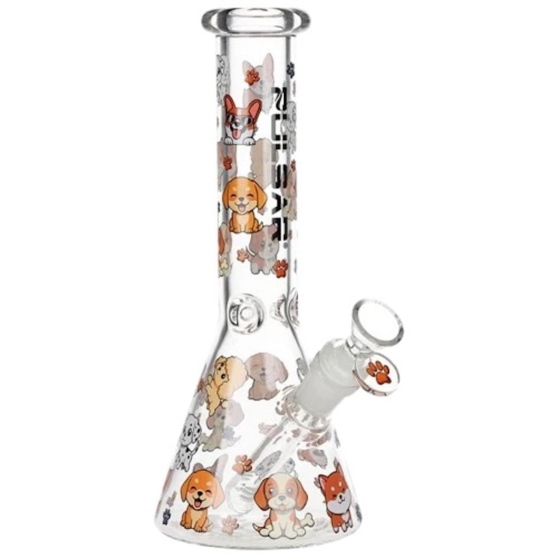 Glass water pipe with cartoon dog designs on a white background