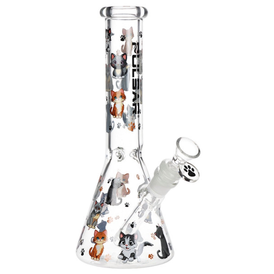 Glass smoking accessory with cat illustrations on a white background