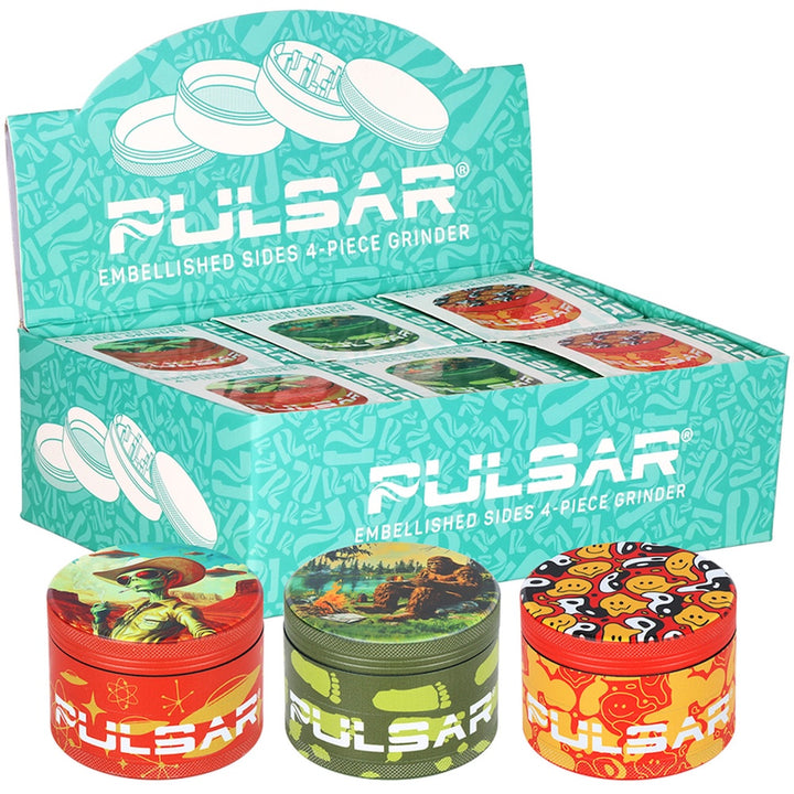 Pulsar 4-piece grinder packaging with three colorful grinders displayed in front.