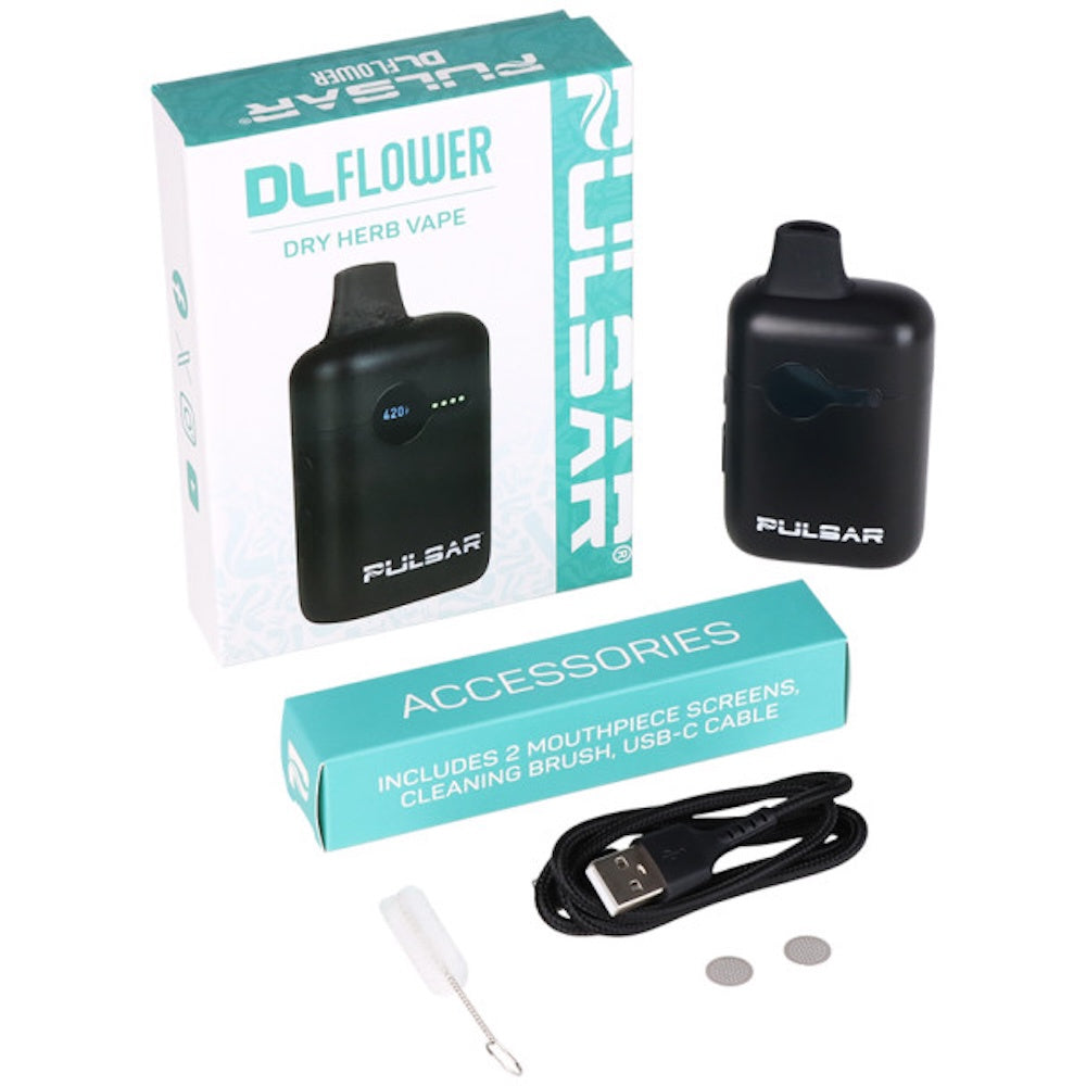 Pulsar dry herb vape with packaging and accessories on a white background