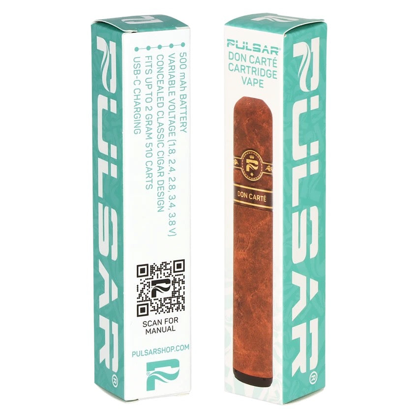 Two Pulsar Don Carte disposable vape boxes shown on a plain white background, with one box displaying the front and the other showing the side with product details and a QR code.