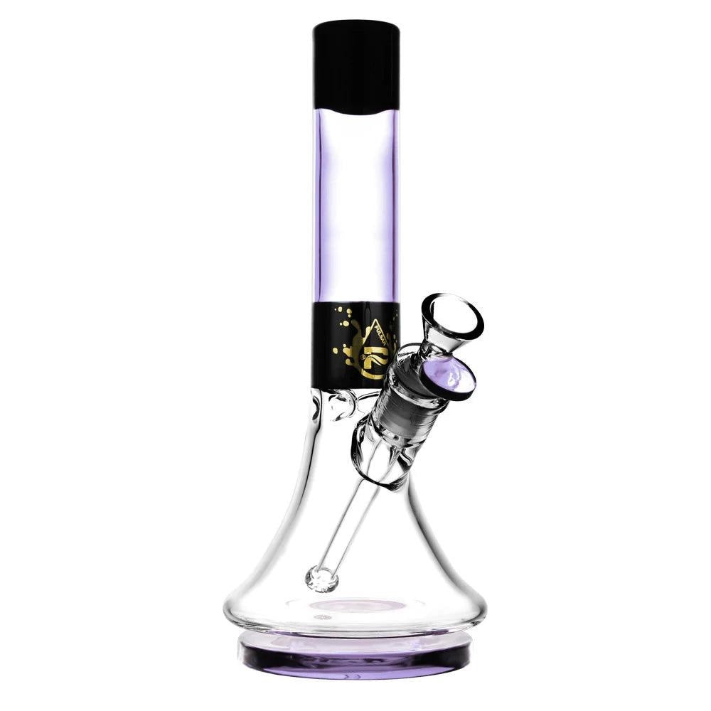 Clear glass water pipe with black and purple accents on a white background