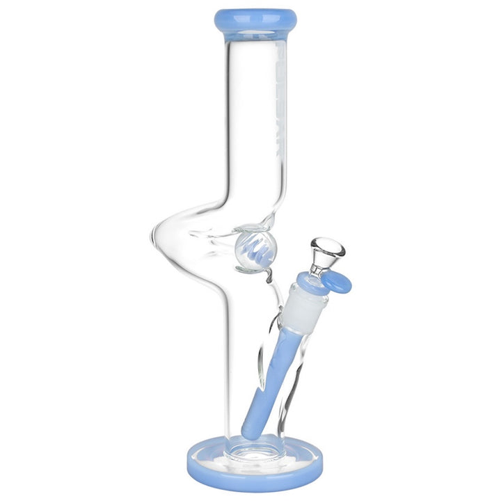 Clear glass smoking device with blue accents on a white background