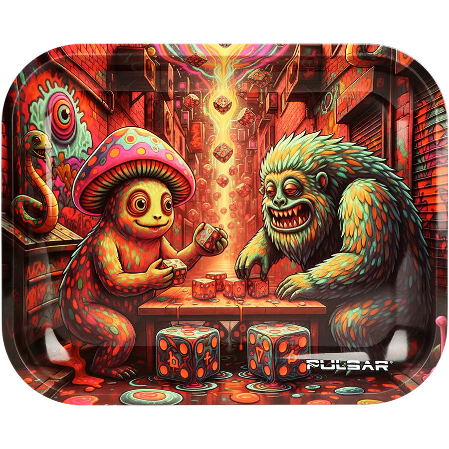 Colorful tray with fantasy design featuring a mushroom creature and a creature playing dice, branded 'Pulsar'.