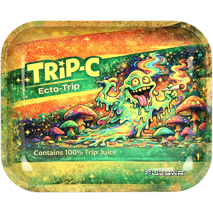 A rectangular rolling tray with rounded corners, featuring a colorful psychedelic illustration. The design includes the text 'TRiP-C', 'Ecto-Trip', 'Contains 100% Trip Juice', and the brand name 'PULSAR' in the bottom right corner.