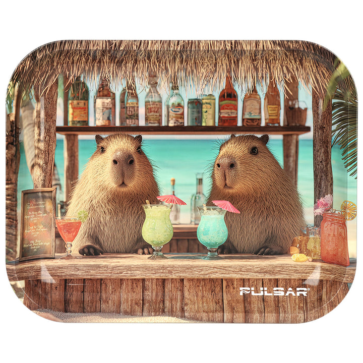 Rolling tray with two capybaras at a bar with drinks and a tropical background, featuring the brand 'Pulsar'.