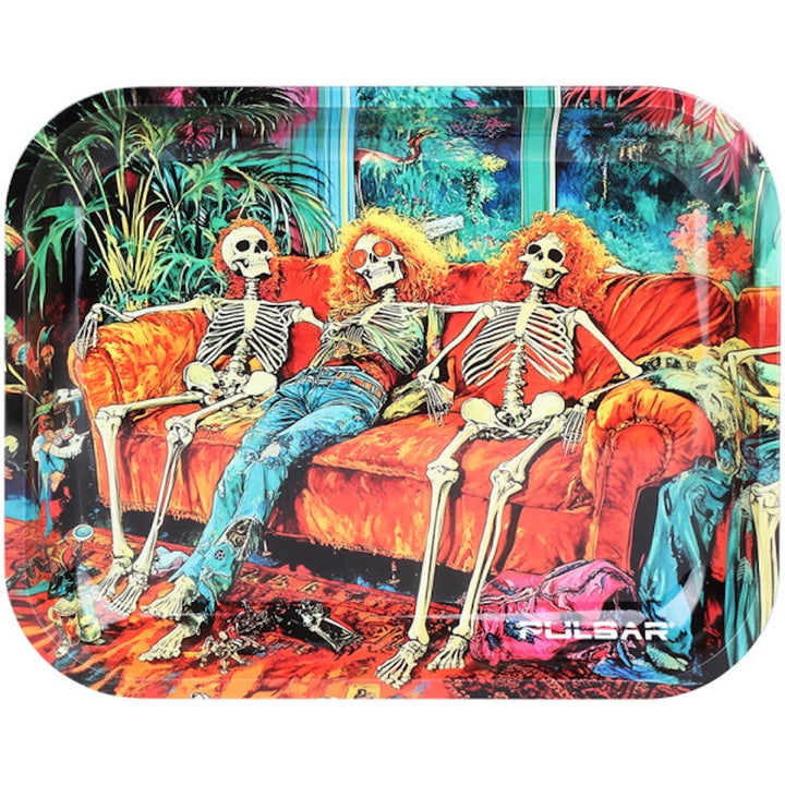 skeletons on a couch rolling tray on white backround
