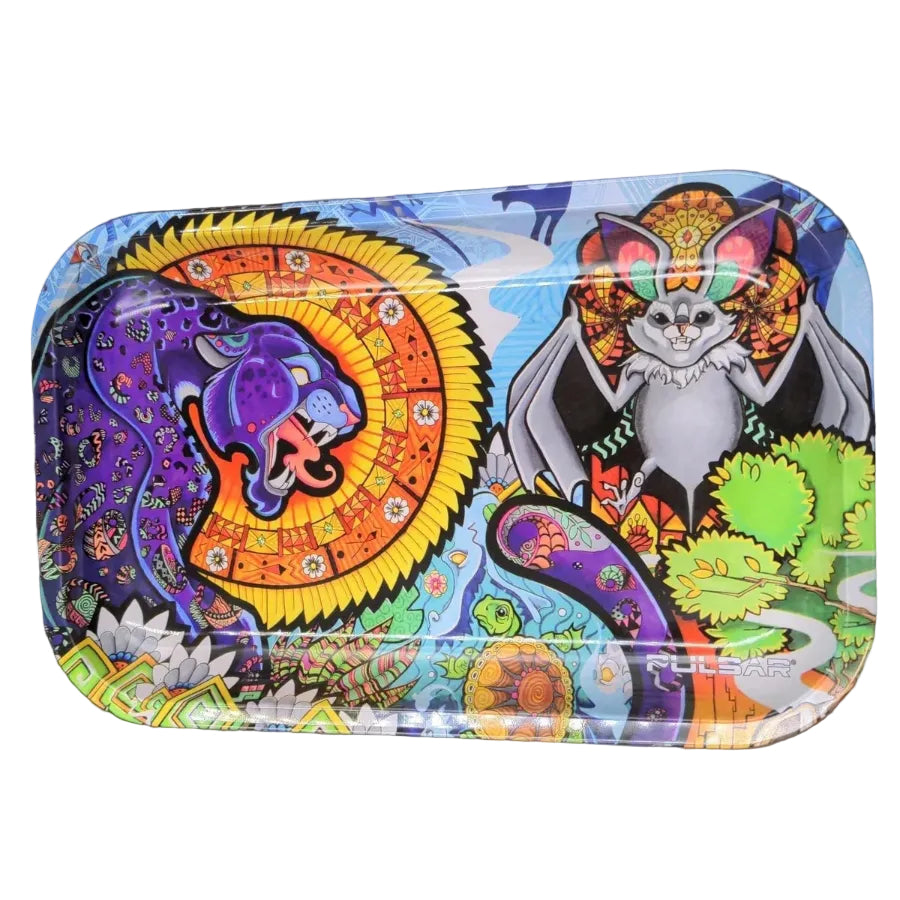 Colourful psychedelic-style tray with abstract designs on a white background