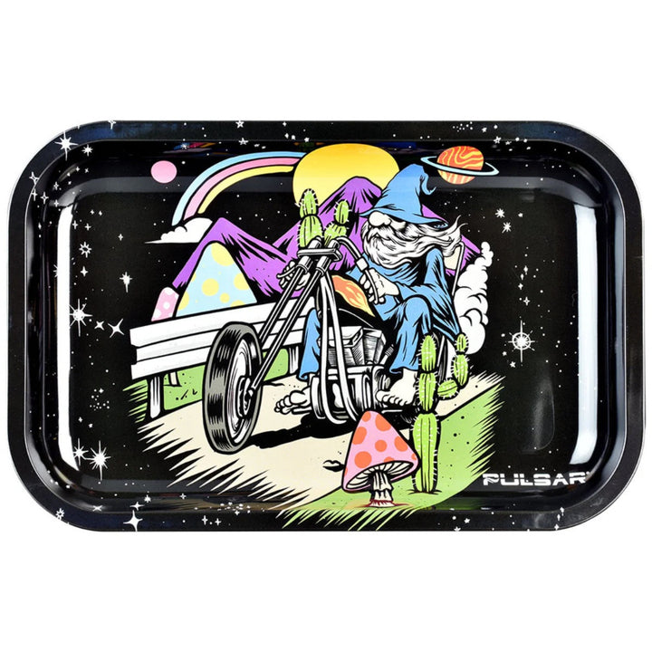 Rolling tray with a colorful design of a skeleton on a bike in a psychedelic landscape, featuring the brand 'Pulsar' on a white background