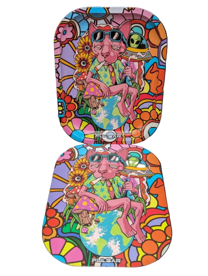Colorful psychedelic-style design on a product packaging with a brand logo on a white background