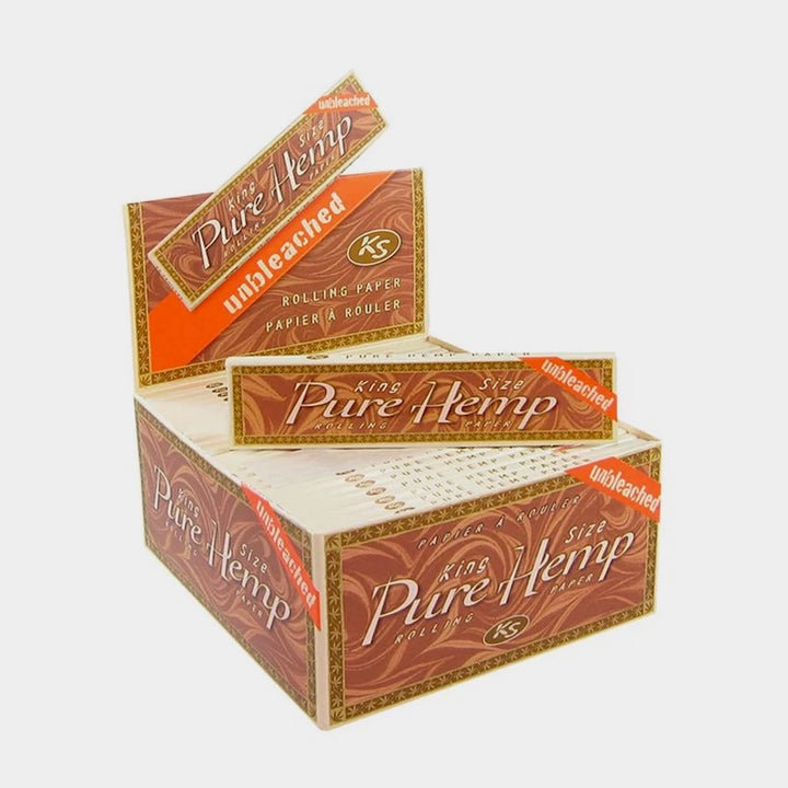 box of pure hemp papers with one pack on top of box on white backround