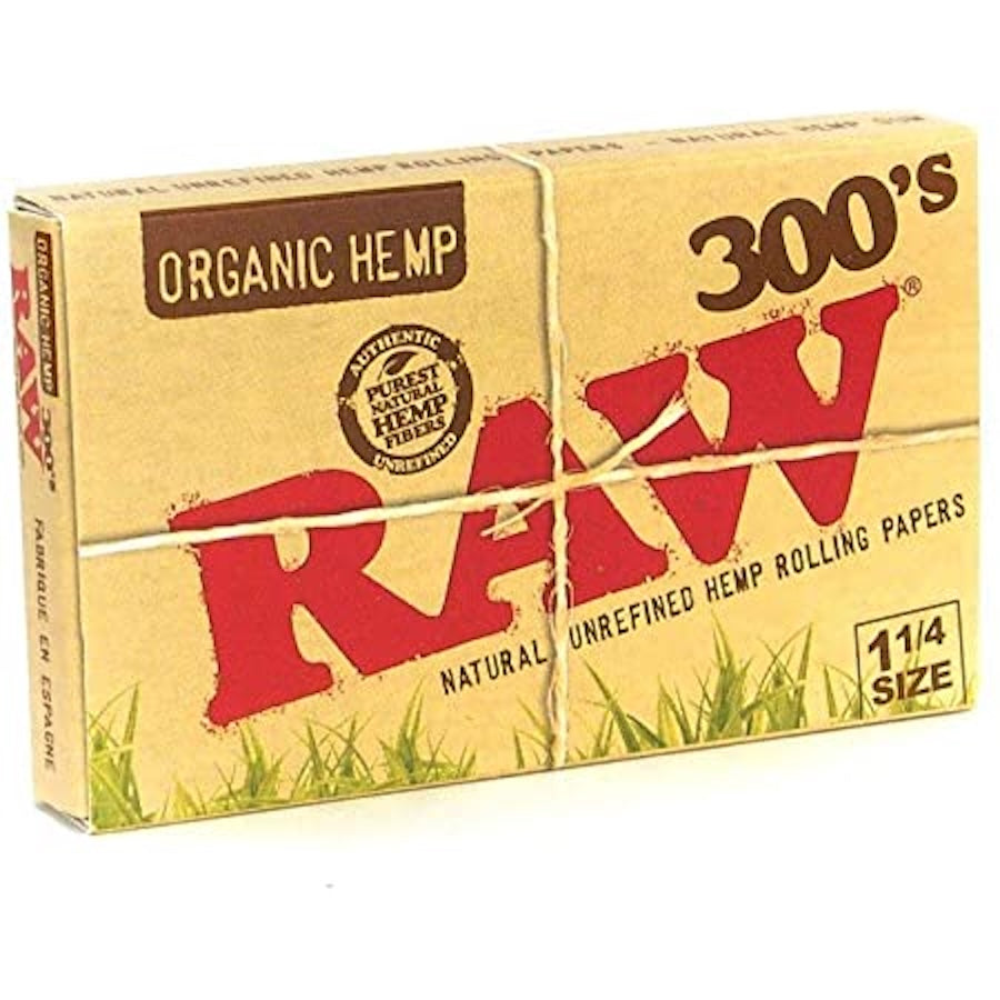 Box of Raw Organic Hemp rolling papers with red and brown design on a white background