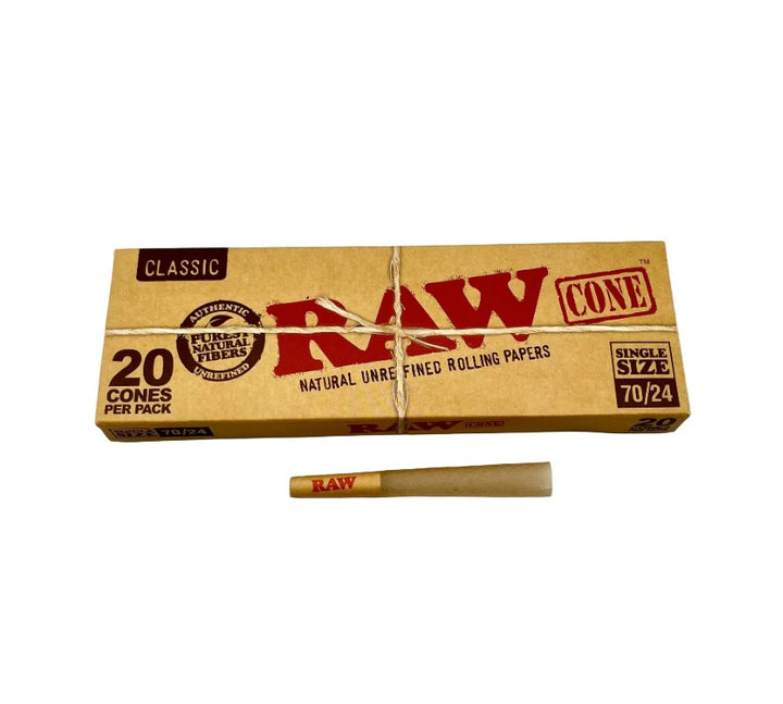 Box of Raw rolling cones with a single cone on a white background