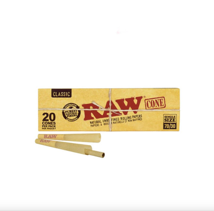 Box of Raw rolling cones with two cones in front on a white background