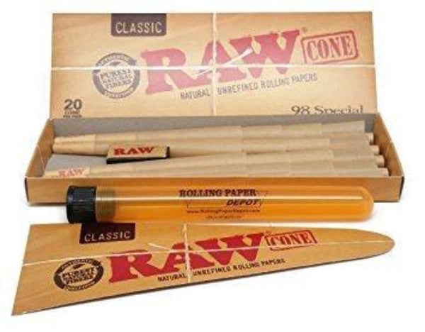 Box of Raw 98 special cones with rolling paper depot on a white background