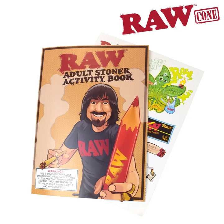 Raw Adult Stoner Activity Book with a cartoon character holding a Raw branded pencil on a white background.