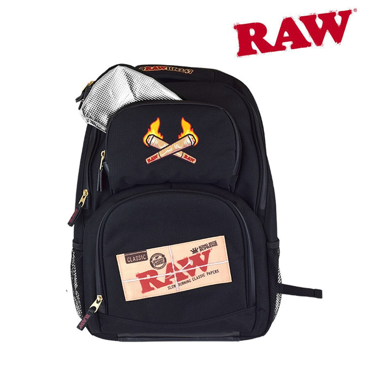 Black backpack with Raw logo on a white background