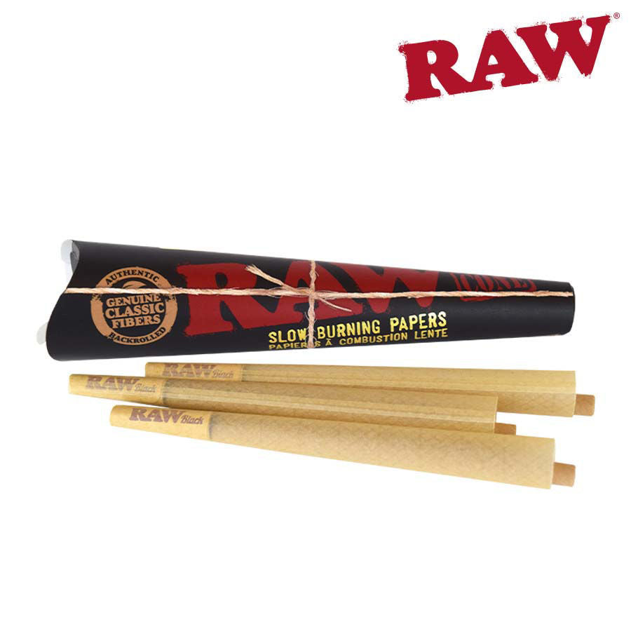 RAW Black rolling paper pack with three rolled joints on a white background