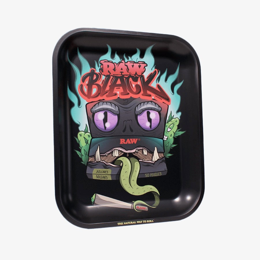 Black rolling tray with colorful 'Raw Black' design featuring a dragon and purple eyes on a white background.