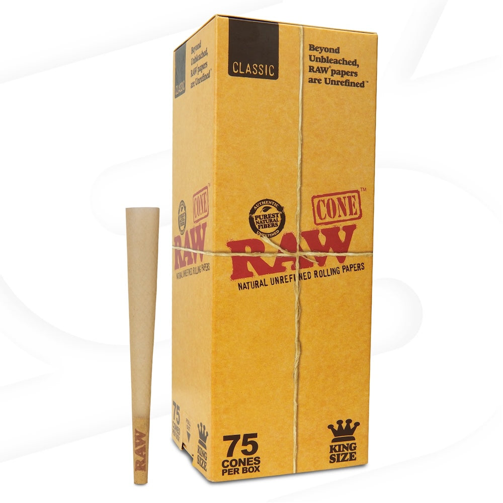 Box of Raw King Size rolling cones with a single cone on a white background