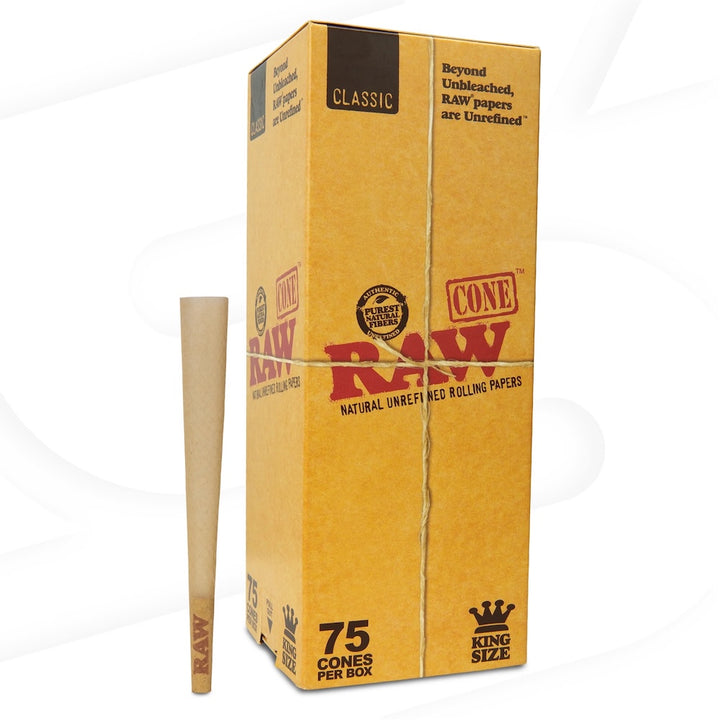 Box of Raw King Size rolling cones with a single cone on a white background