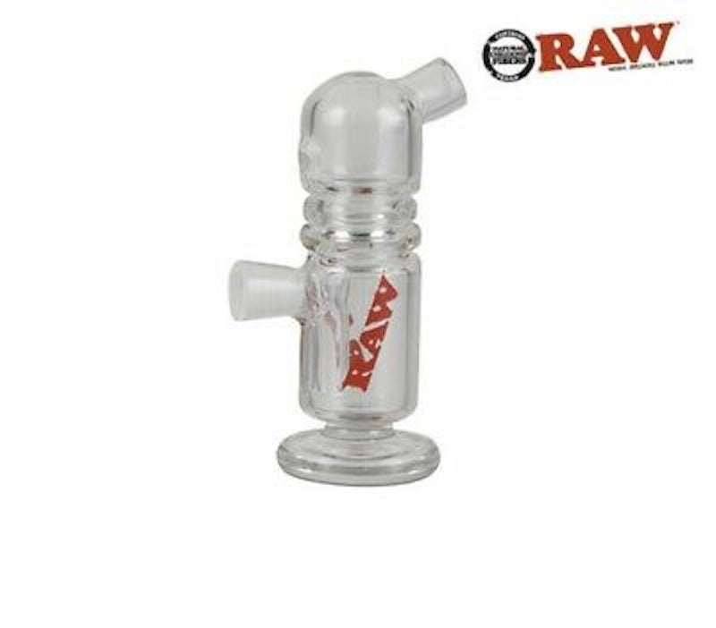 Glass smoking accessory with RAW branding on a white background