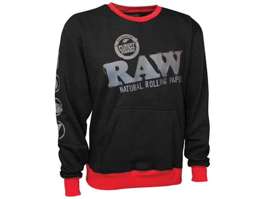 Black sweatshirt with red accents and 'RAW' branding on a white background