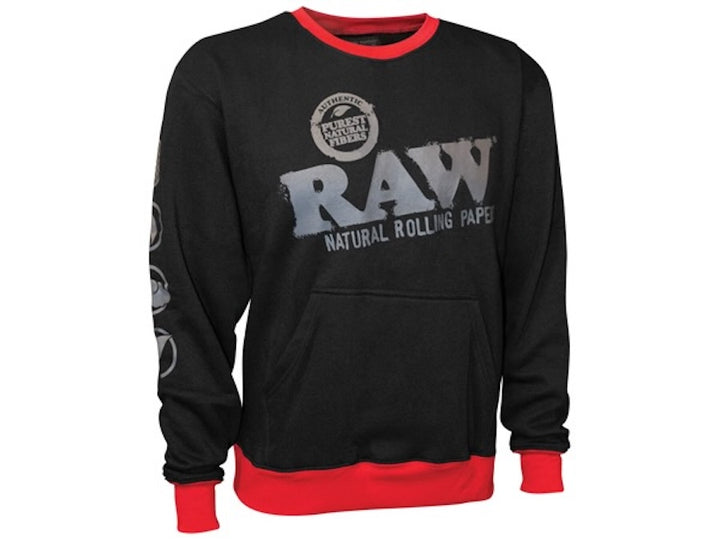 Black sweatshirt with red accents and 'RAW' branding on a white background