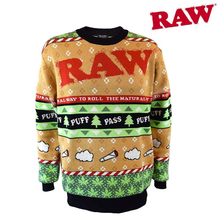 Ugly Christmas sweater with 'RAW' branding and marijuana-themed graphics on a white background.