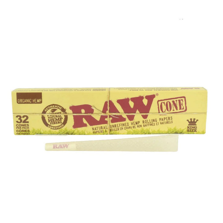 Box of Raw rolling papers with a single cone on a white background