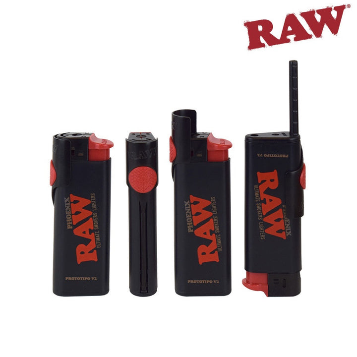 Four black and red RAW Phoenix branded lighters on a white background