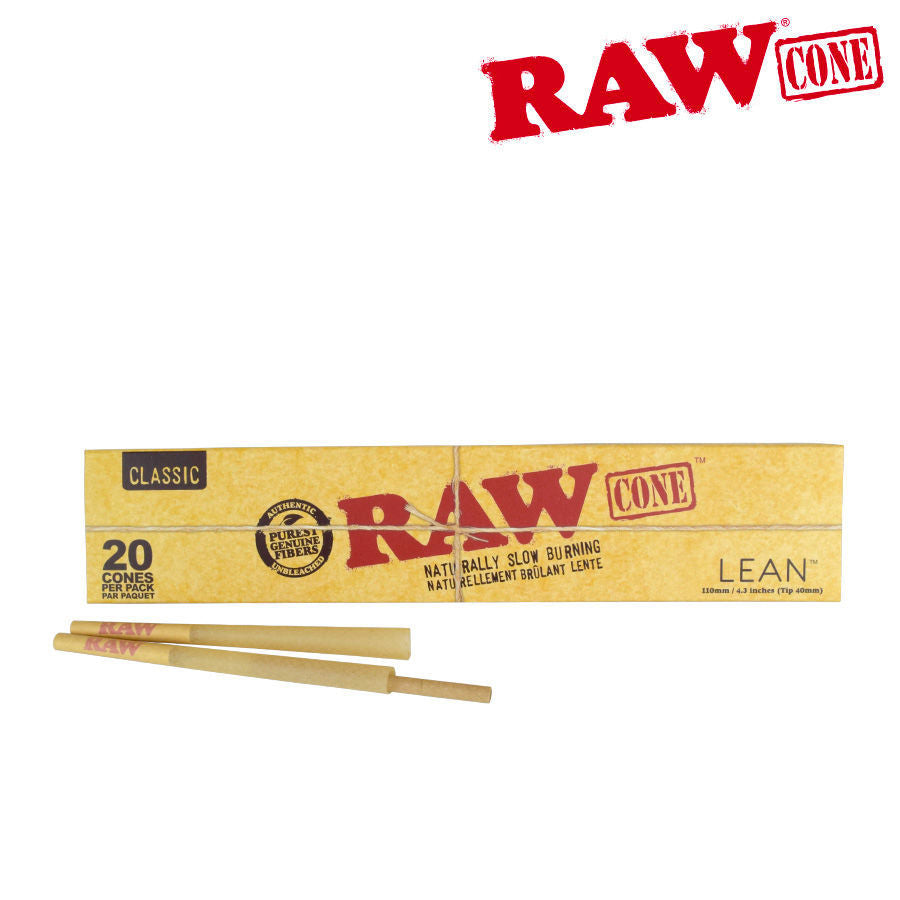 Box of Raw lean cones with two cones in front on a white background